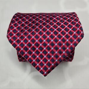 Tommy Hilfiger 100% Silk Red Navy & Light Blue Men's Tie Classic Pointed Style